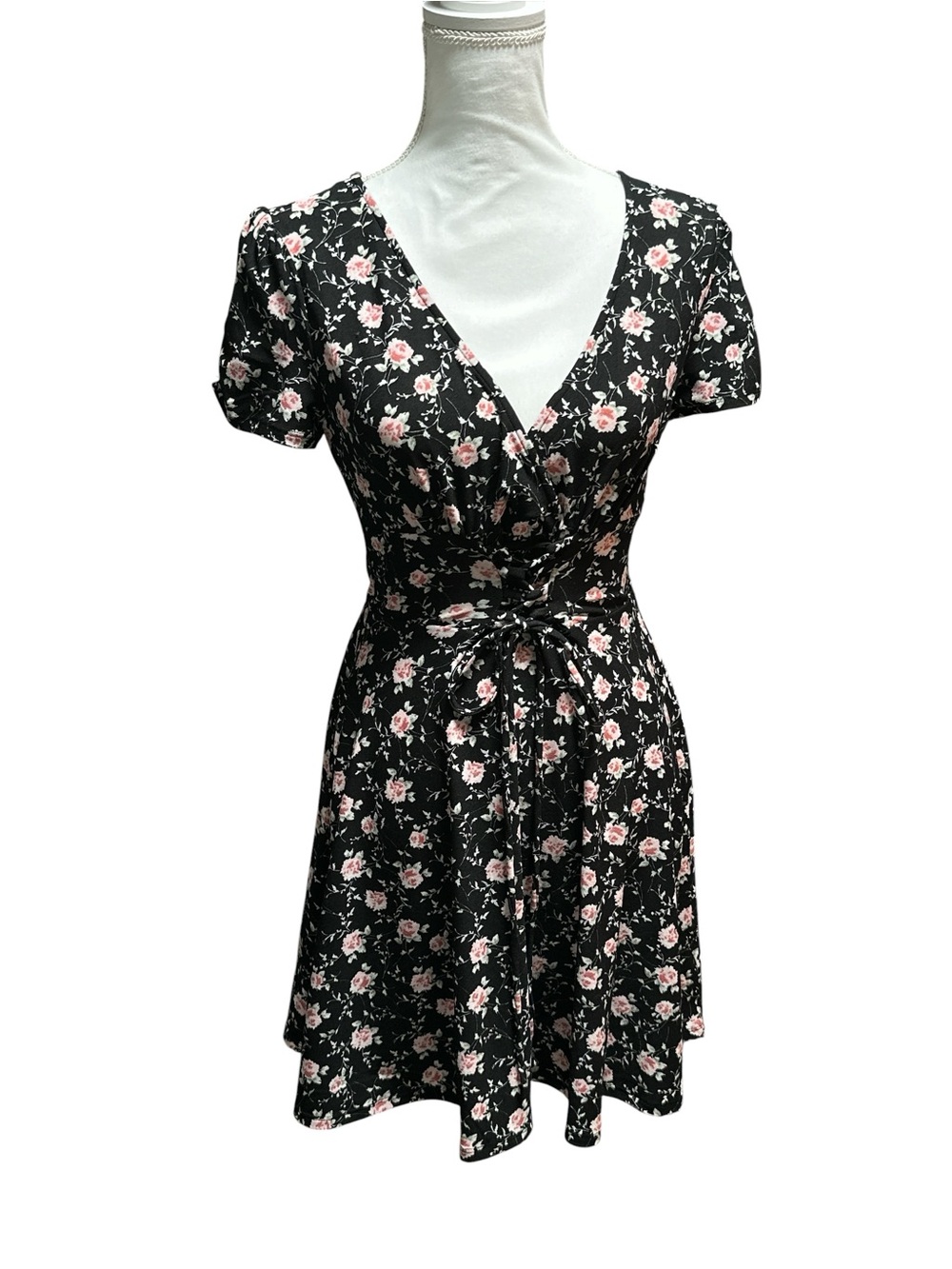 City Triangles Black Mini Dress with Lace up Front, Pink Floral Print